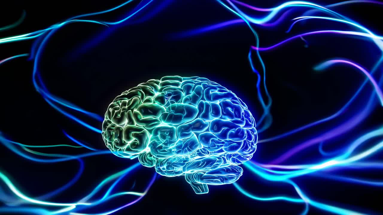 Futuristic video concept of a glowing brain surrounded by neon light trails