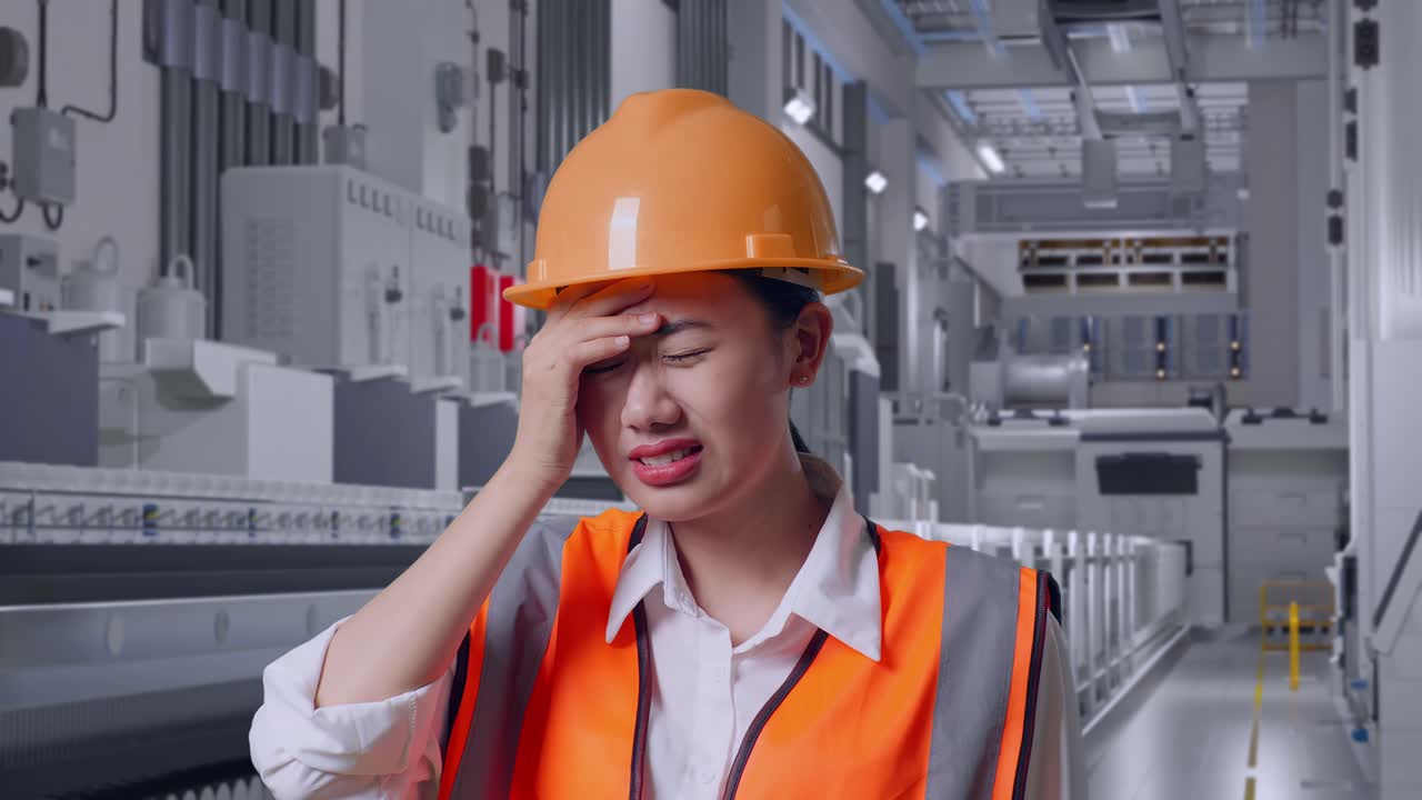 Close Up Of Asian Female Engineer With Safety Helmet Having A Headache While Working At Pharmaceutical Factory, Vaccine Production Facility