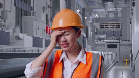 close up of asian female engineer with safety helmet having a headache while working at pharmaceutical factory, vaccine production facility