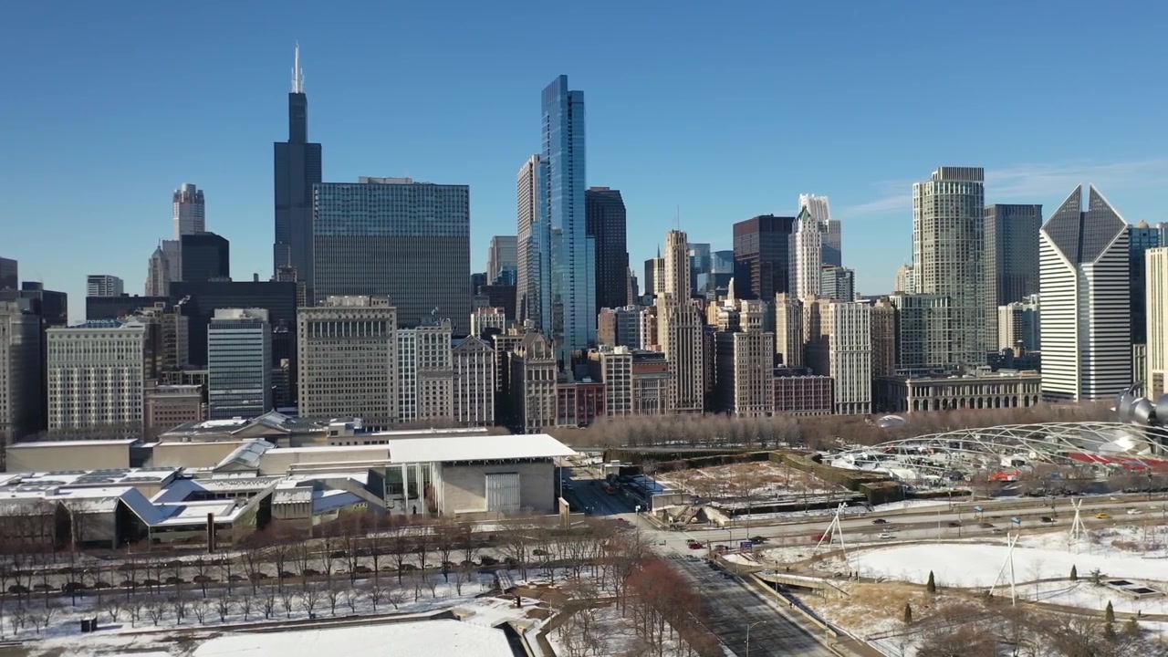 Horizonte urbano de Chicago en invierno, vista aérea
