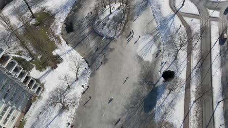 aerial view of people skating on frozen pond in the netherlands