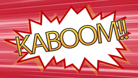 animation of vintage comic cartoon speech bubble with kaboom!! text on red striped background