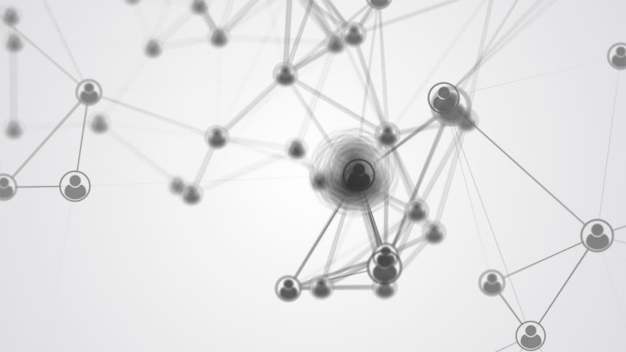 Chaotic movement of icons of Internet users connected by thin lines. Black and white blurred looped animation. Plexus visualization of connection social networks.