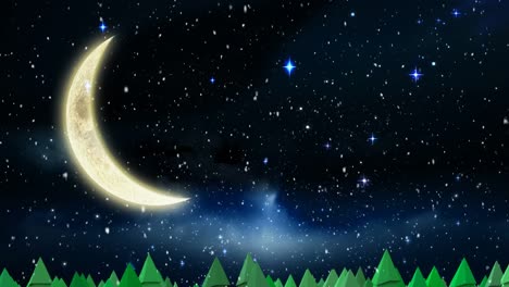 Animation-of-snow-falling-over-winter-scenery-with-stars-and-crescent-moon-in-background