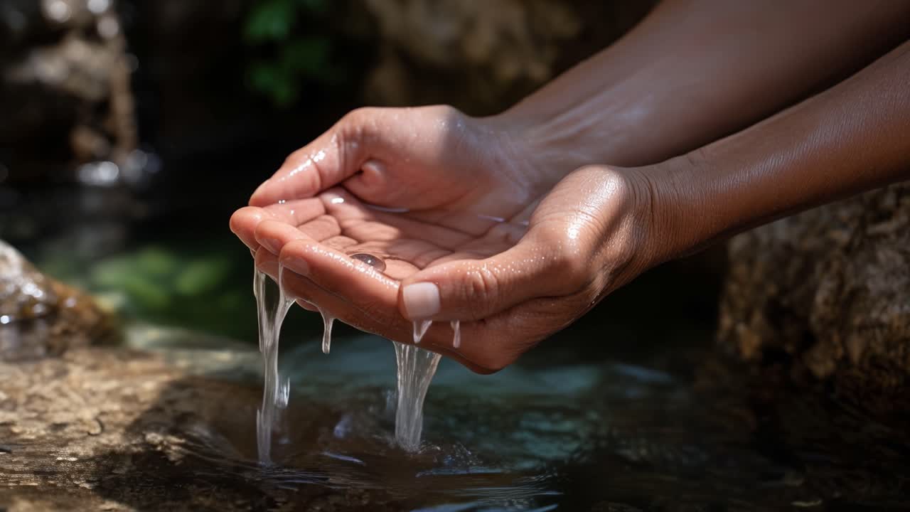 Capturando la Esencia de la Vida: Manos Sosteniendo Suavemente Agua de un Manantial Natural, Enfatizando la Conexión con la Naturaleza y la Pureza del Agua Fresca