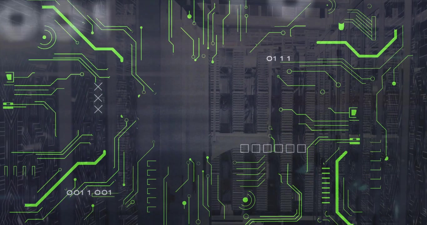 Static flickering starting neon green lines linking nodes into X, retracting, revealing binary code