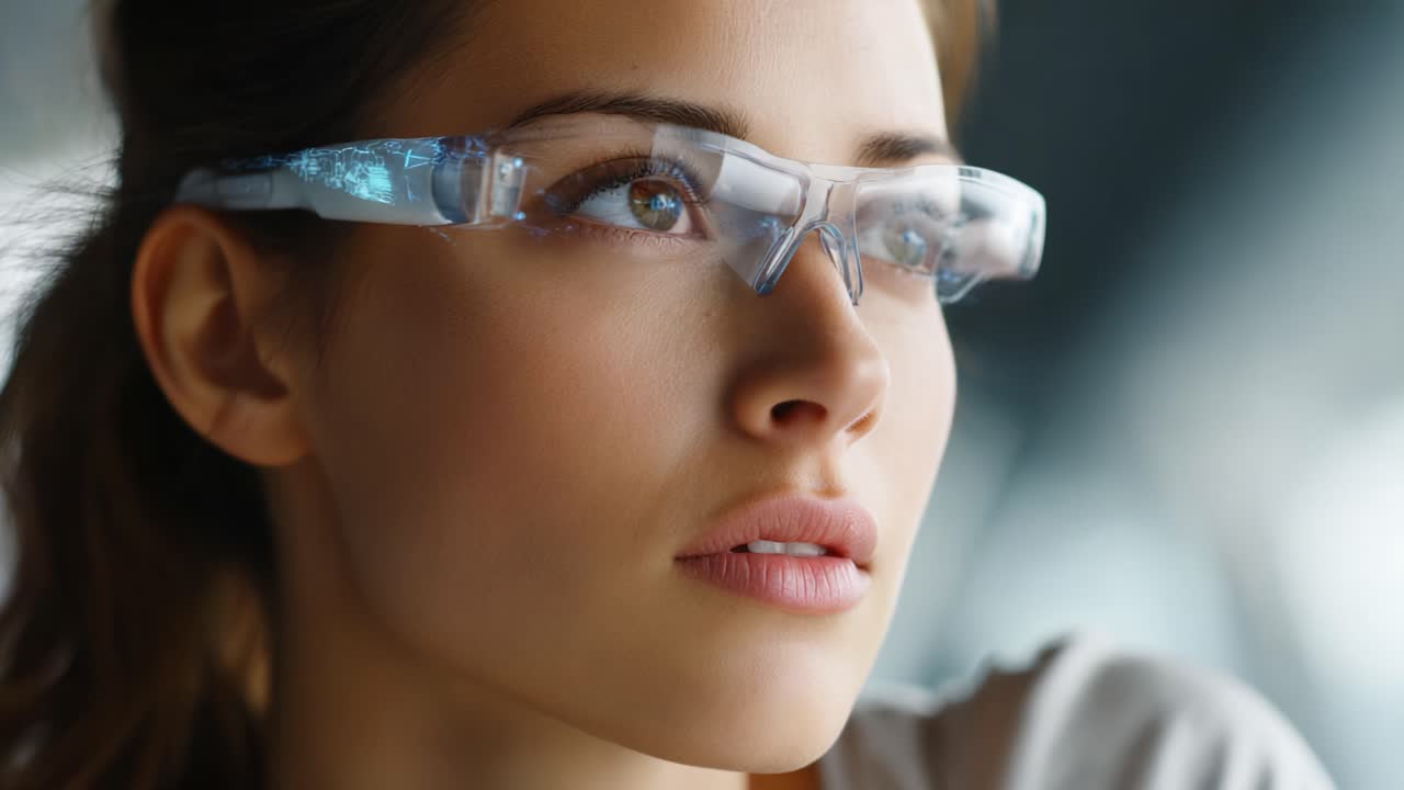 Innovative Smart Glasses Illuminate the Future of Augmented Reality with a Focus on a Young Woman's Captivating Expression, Merging Technology and Human Experience