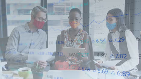 animation of financial data processing over diverse business people with face masks at meeting