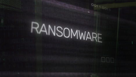 animación de texto de ransomware sobre la placa base y procesamiento de datos.
