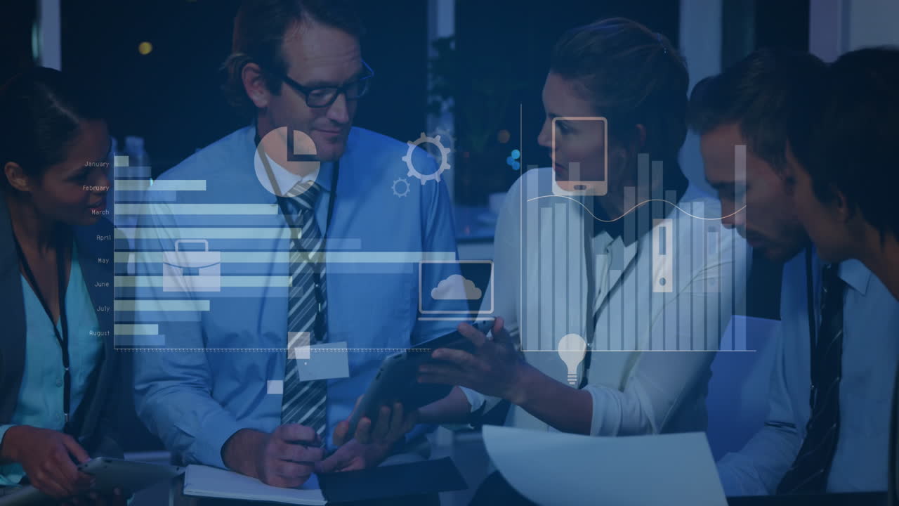 Animation of financial data processing over diverse business people in office