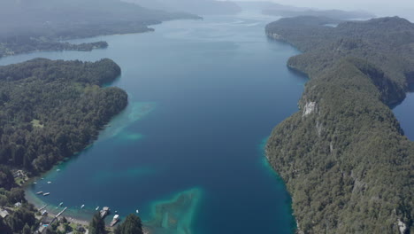 AERIAL---Nahuel-Huapi-Lake-in-Arrayanes-National-Park,-Villa-La-Angostura,-Neuquen,-Argentina,-reverse