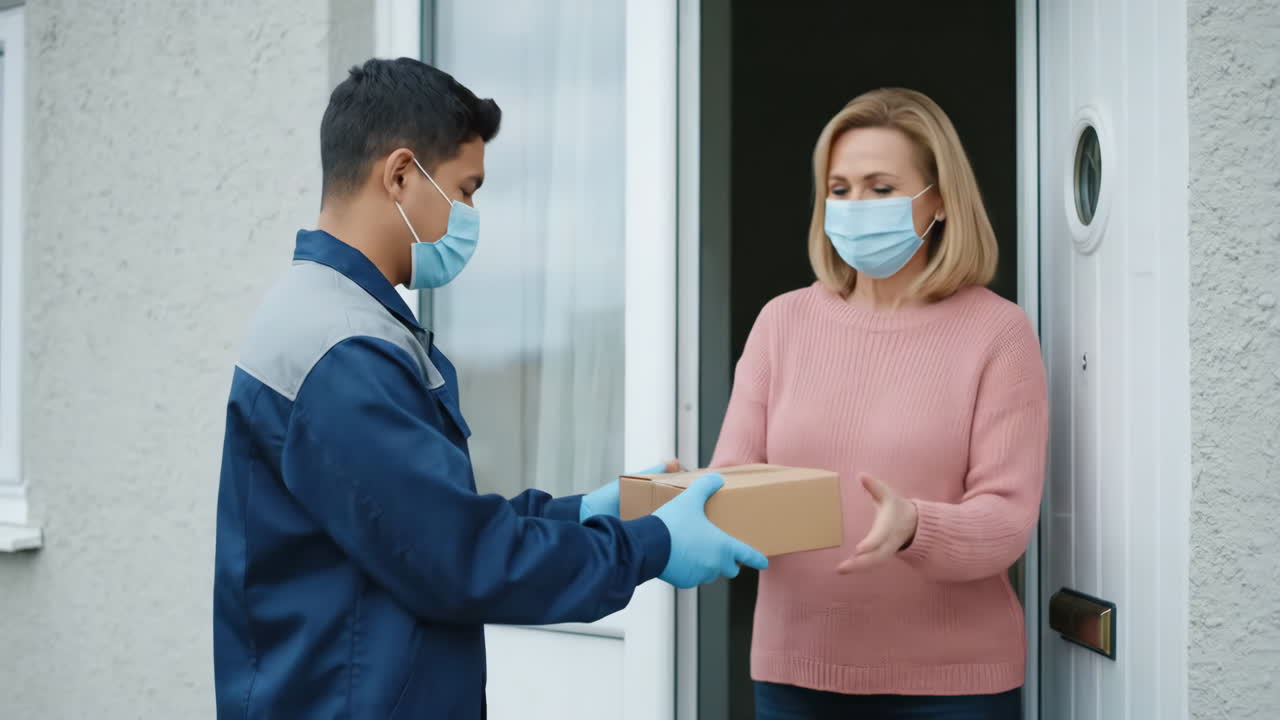 Courier Delivers Package to Masked Woman at Her Doorstep