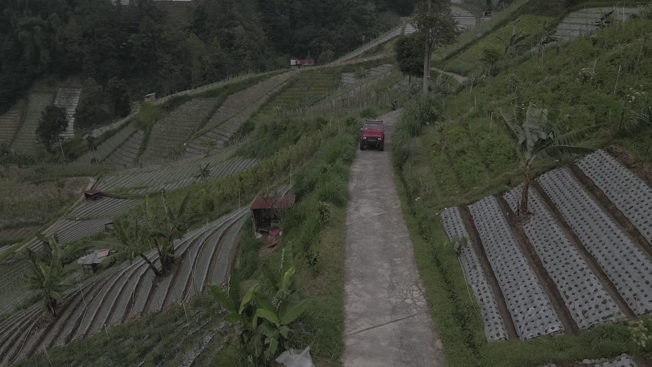 인도네시아 타완만구 (tawangmangu) 의 채소 에서 산을 지나가는 지프 투어