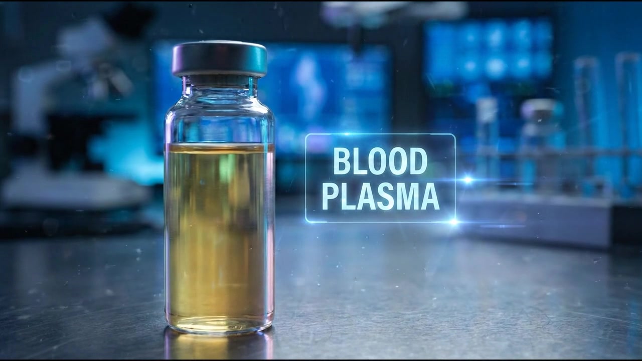 Bottiglia di vetro di plasma sanguigno liquido in ambiente di laboratorio