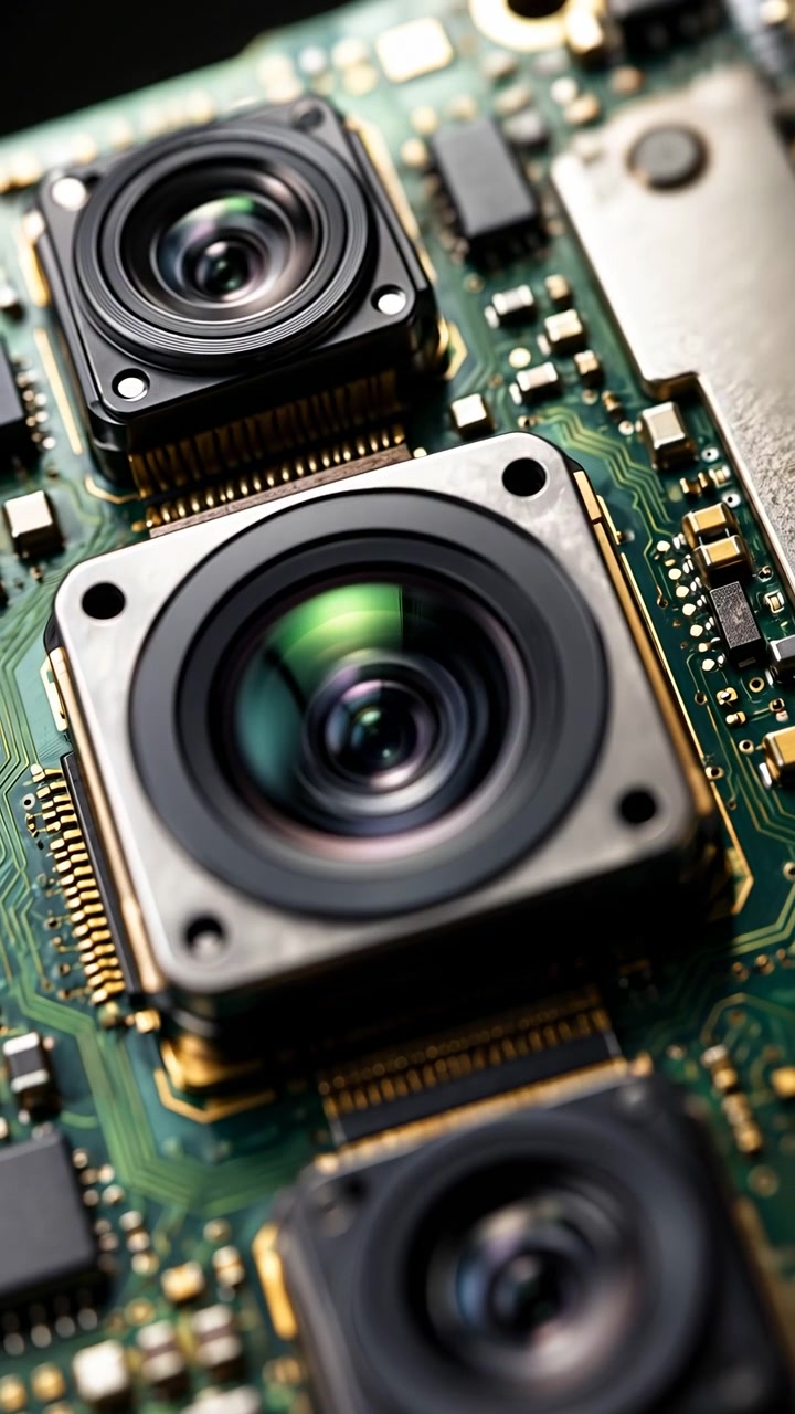 Tre moduli fotocamera miniaturizzati rimangono montati su un circuito stampato densamente popolato mentre la visuale si avvicina, enfatizzando superfici ottiche riflettenti, contatti fini, chip e piste verdi