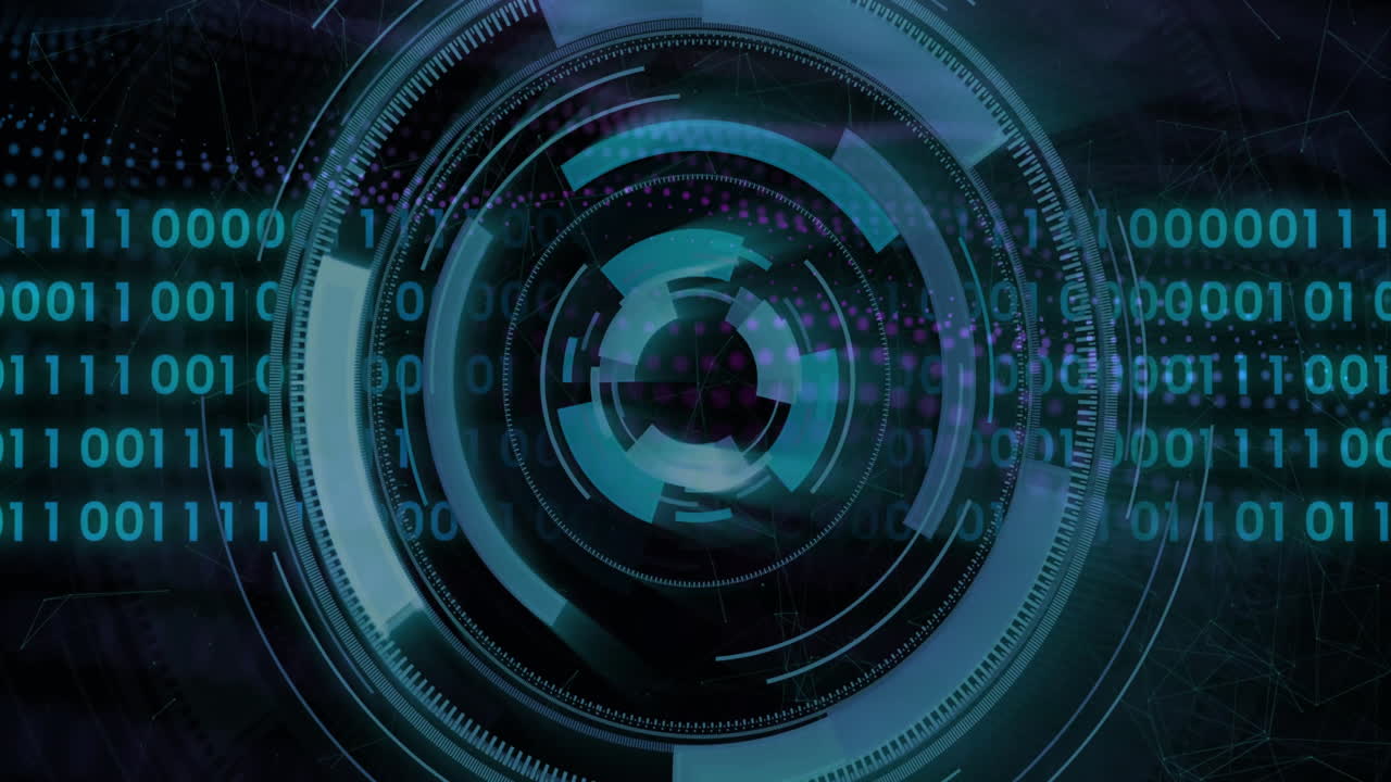 interfaz digital giratoria con código binario, animación de tecnología futurista