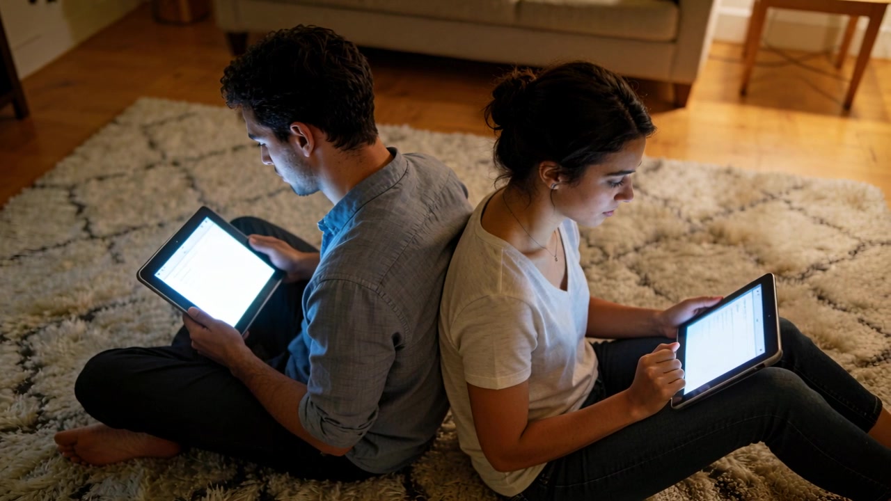 Tablets lighting, couple tapping and swiping on patterned rug in living room, browsing content