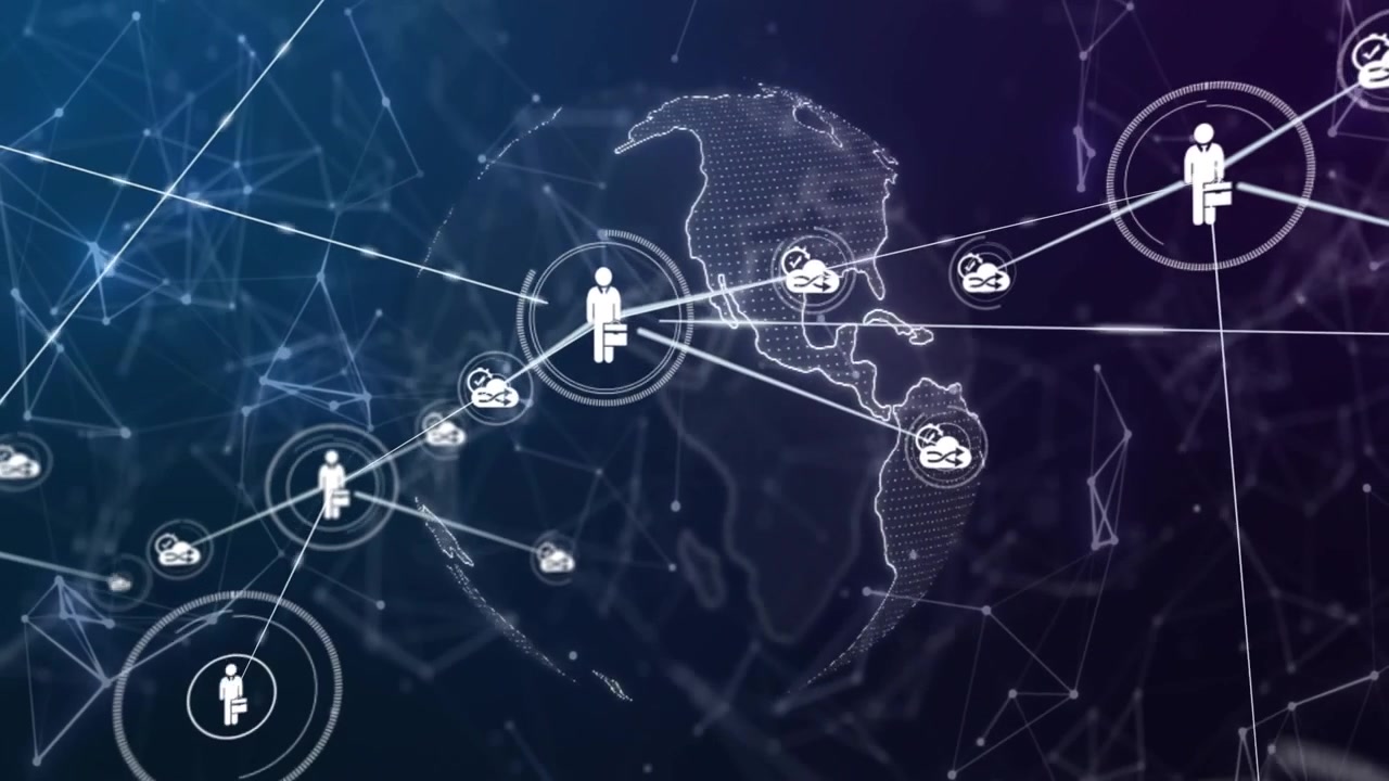 Central person icon activating and sending business links across dotted globe, target rings pulsing