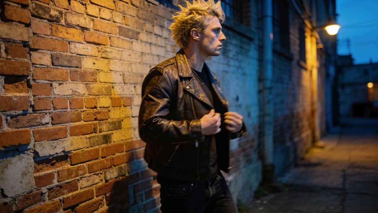 Leaning male adjusting cuff on brick wall in alley, closing leather jacket and scanning for exit