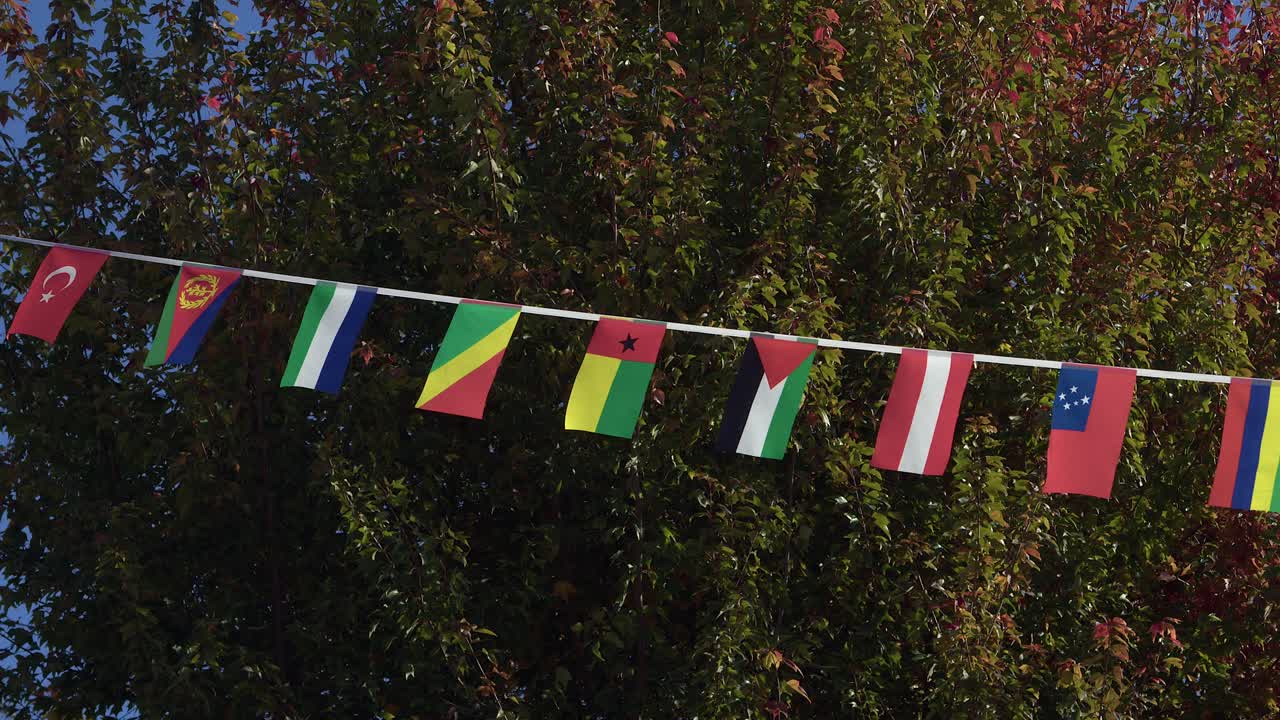 Bandiere nazionali a banner che sventolano delicatamente con fogliame autunnale sullo sfondo