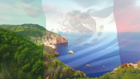 animación de la bandera de méxico ondeando sobre el paisaje de la playa