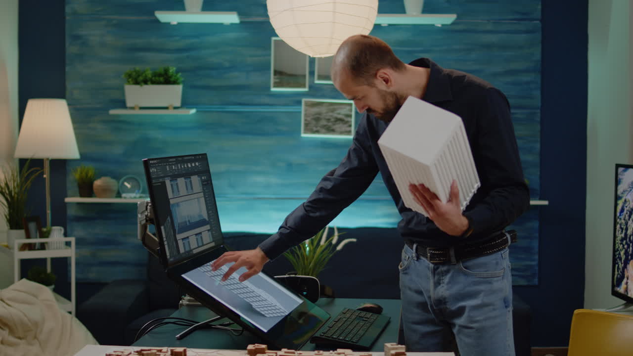 Man architect checking maquette in hand with model on monitor