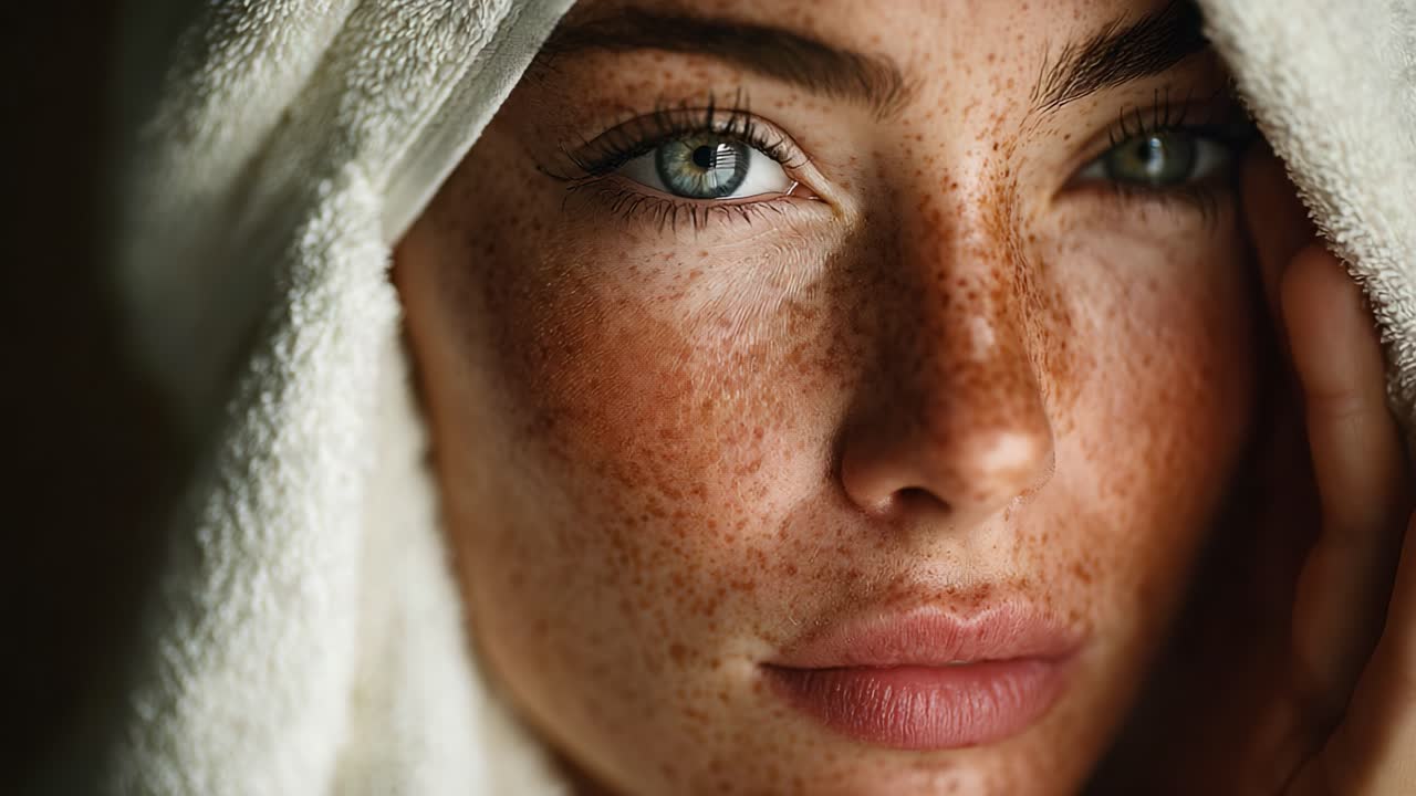 Un primo piano di una giovane donna con lentiggini e splendidi occhi blu, avvolta in un asciugamano, che mette in mostra la bellezza naturale e un'espressione intensa.