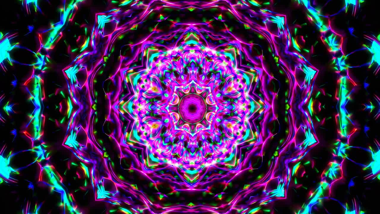 A kaleidoscopic video effect with vibrant neon colors, viewed from a top-down angle