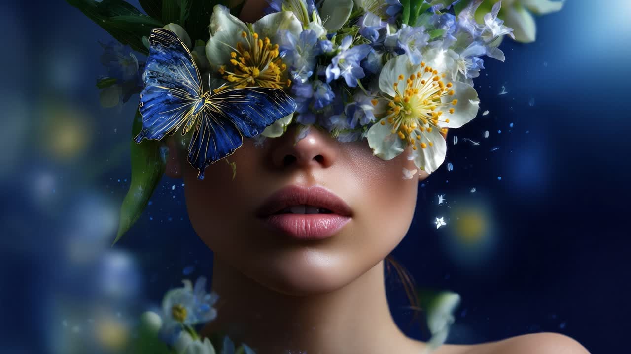 A captivating woman adorned with vibrant flowers and a butterfly covering her eyes, embodying nature's beauty and enchanting mystery in a dreamlike setting