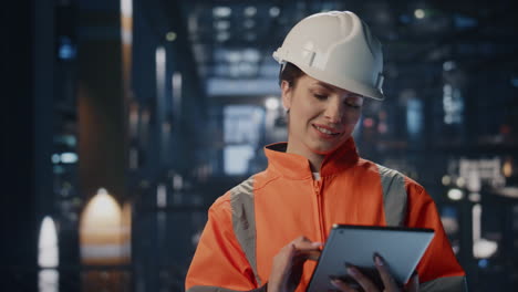 ingeniero sonriente inspeccionando el inventario de la instalación industrial con un primer plano de la tableta.