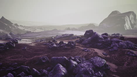 surreal landscape with rocky formations and misty atmosphere at dusk