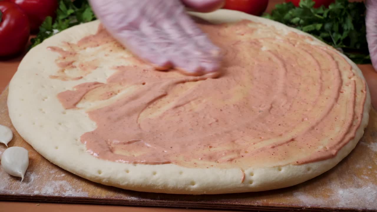 Preparazione della pizza con salsa di pomodoro