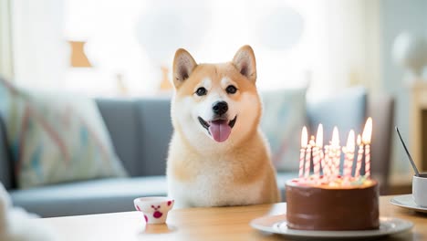 happy shiba inu dog sitting at the table celebrating birthday with cake and candles, waiting to eat the cake, with a blurred sofa in the background