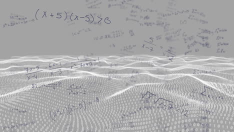 ecuaciones matemáticas flotando contra la onda digital en un fondo gris
