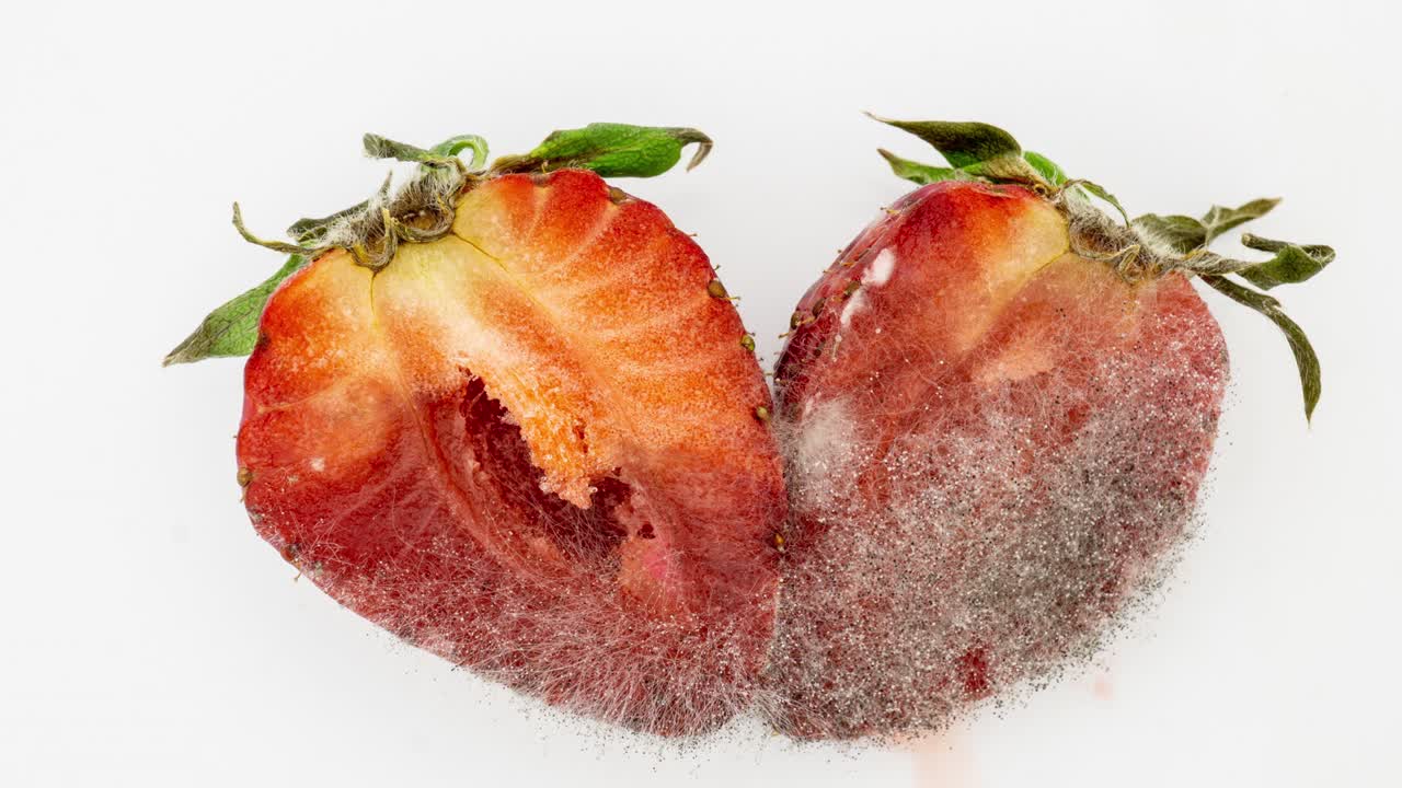 lapso de tiempo de podredumbre de las fresas trituradas y el desarrollo de moho en un fondo blanco, video 4k
