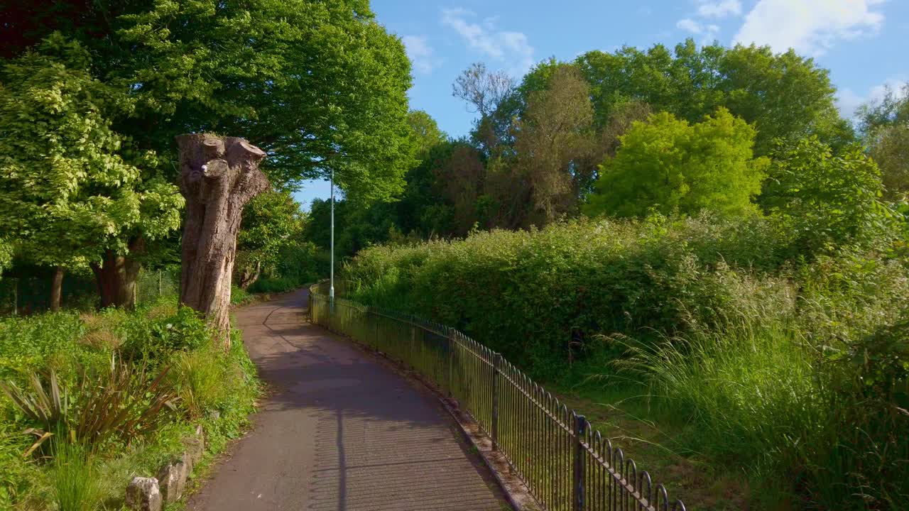 Filmato cinematografico di alta qualità di una tranquilla passeggiata attraverso Victoria Park a Paignton, Regno Unito. Alberi verdi e lussureggianti e un sentiero lastricato e silenzioso catturano l'essenza di un'estate britannica.
