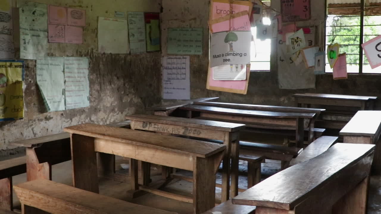 Inside An Empty School Classroom In Uganda, Africa. Panning Shot Of Desks And Artwork.