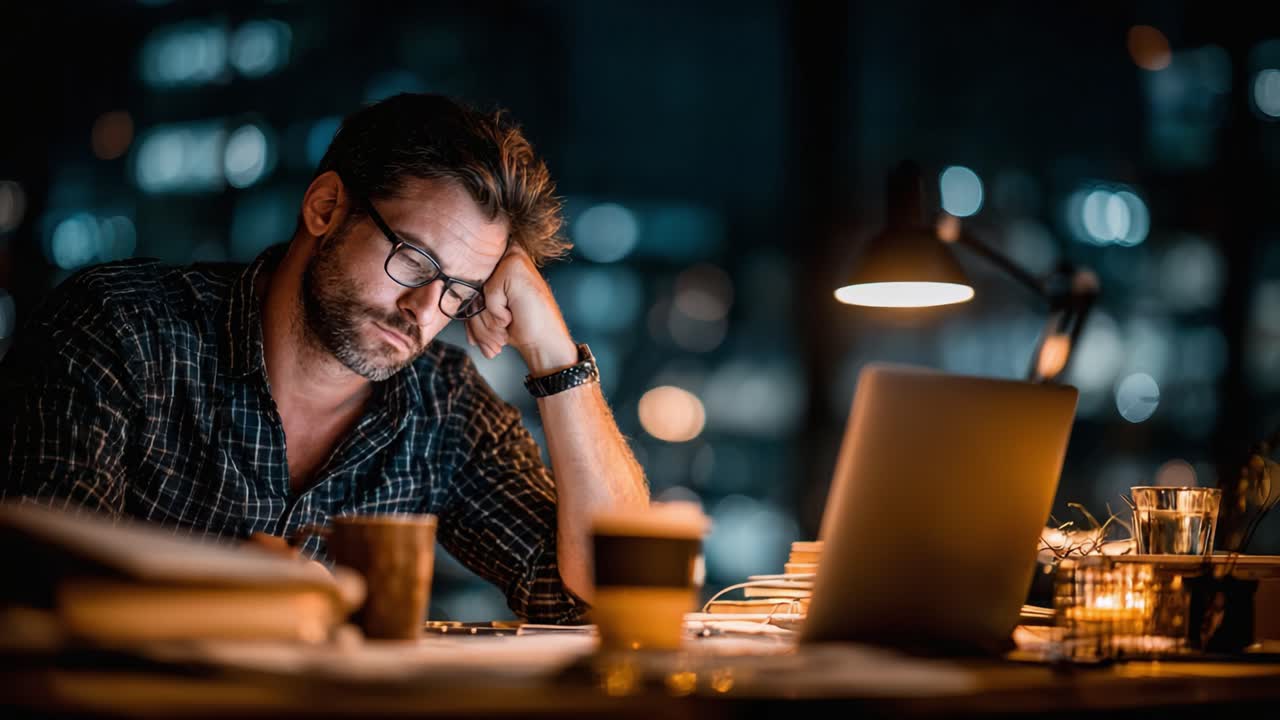The Late Night Struggle: A Man Contemplates His Work Amidst the Quiet Glow of Desk Lights and Urban Views, Capturing the Essence of Late-Night Study Sessions