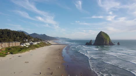Haystack-Rock-on-Oregon's-Cannon-Beach,-West-Coast---Aerial-Drone-with-Copy-Space
