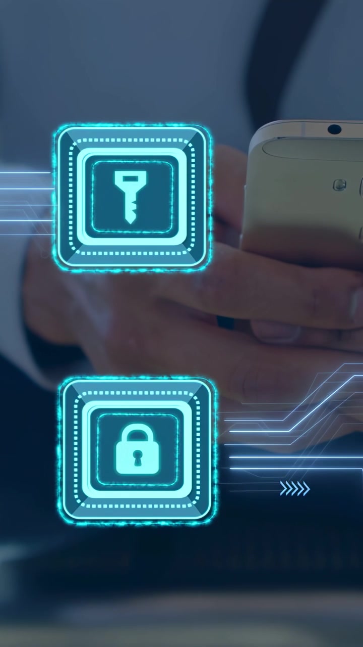 Vertical video: Man tapping phone at desk, finger starting holo key and padlock fading for security