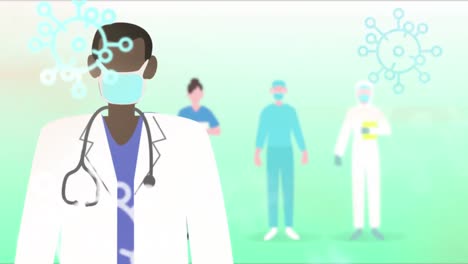 animation of doctor wearing face mask with medical personnel standing over macro covid-19 cells icon