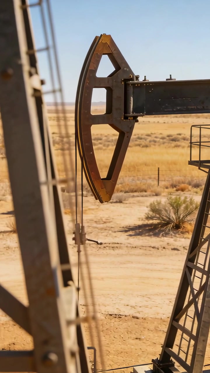 Vertical video: Rocking pumpjack horsehead moving downward at well, rod lowering to pump oil
