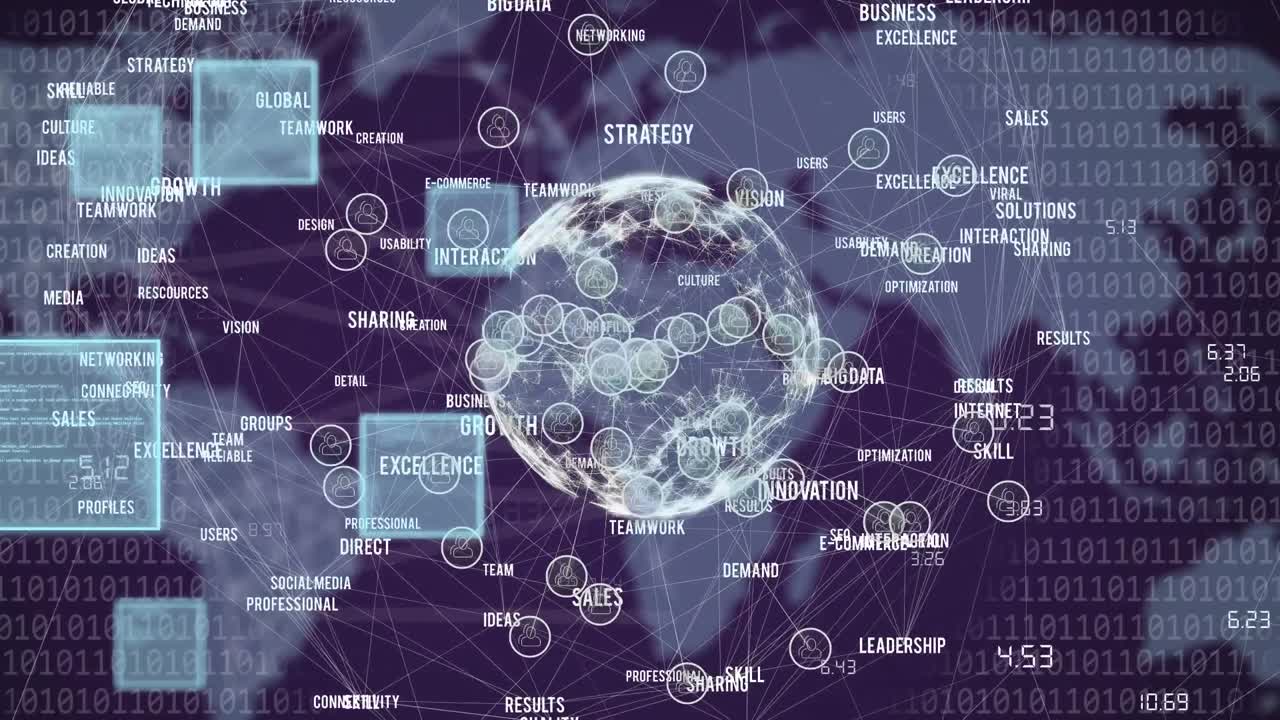 Animation of data processing over globe and world map