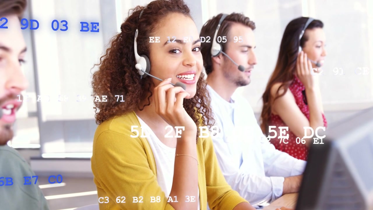 Curly-haired female agent handling new client call in call center, headsets on, hex codes scrolling