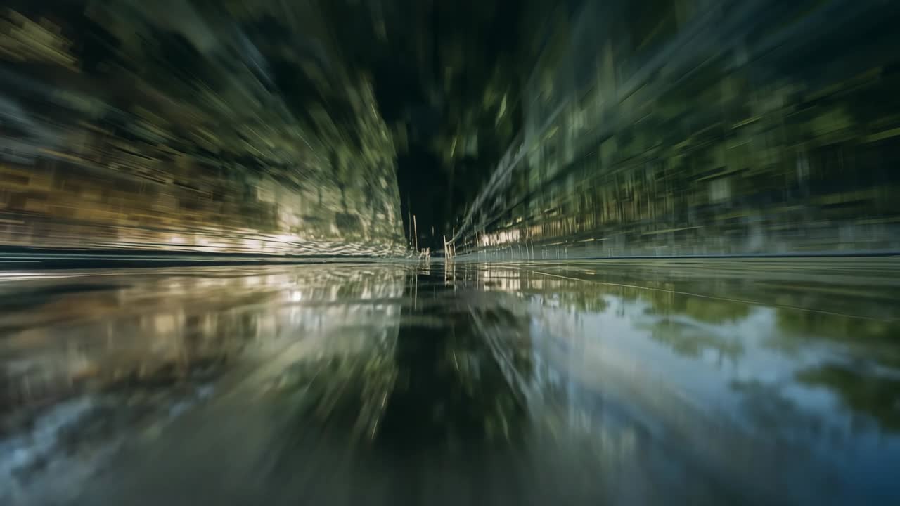Camera gliding low with operator starting glide in park, approaching center jetty over calm canal