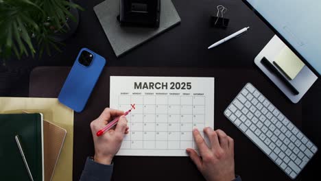 person planning with march 2025 calendar