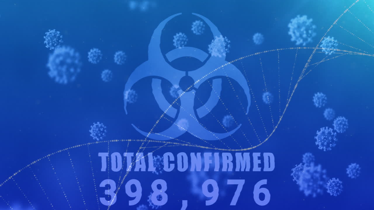 생물 위험 기호와 코로나바이러스 세포가 그라디엔트 배경 위를 날고 있습니다.