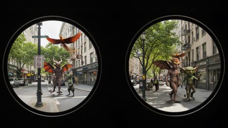 a mesmerizing scene depicting fantastic creatures in an urban setting, blending reality and fantasy through vibrant imagery of mythical beings interacting against a city backdrop