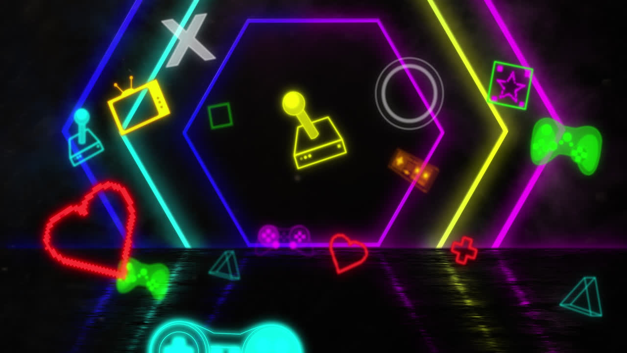 네온 비디오 게임 디지털 인터페이스가 네온 육각형 위에서  ⁇ 박이는 애니메이션