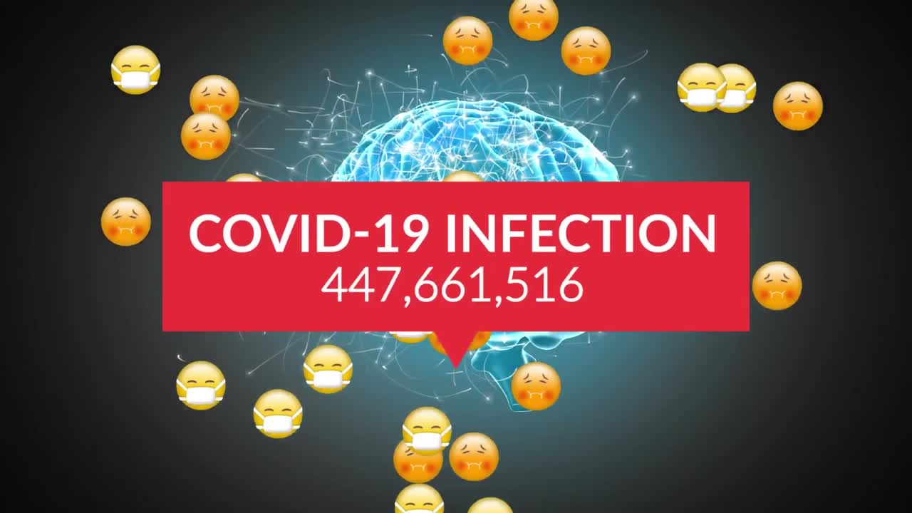 covid-19 con el aumento de las infecciones y los emojis faciales sobre el cerebro humano girando en un fondo gris